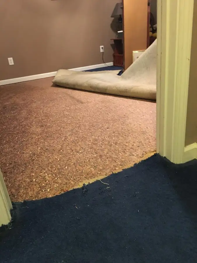 Carpet pad removal revealing water damage during Water Mitigation Services in Pacifica